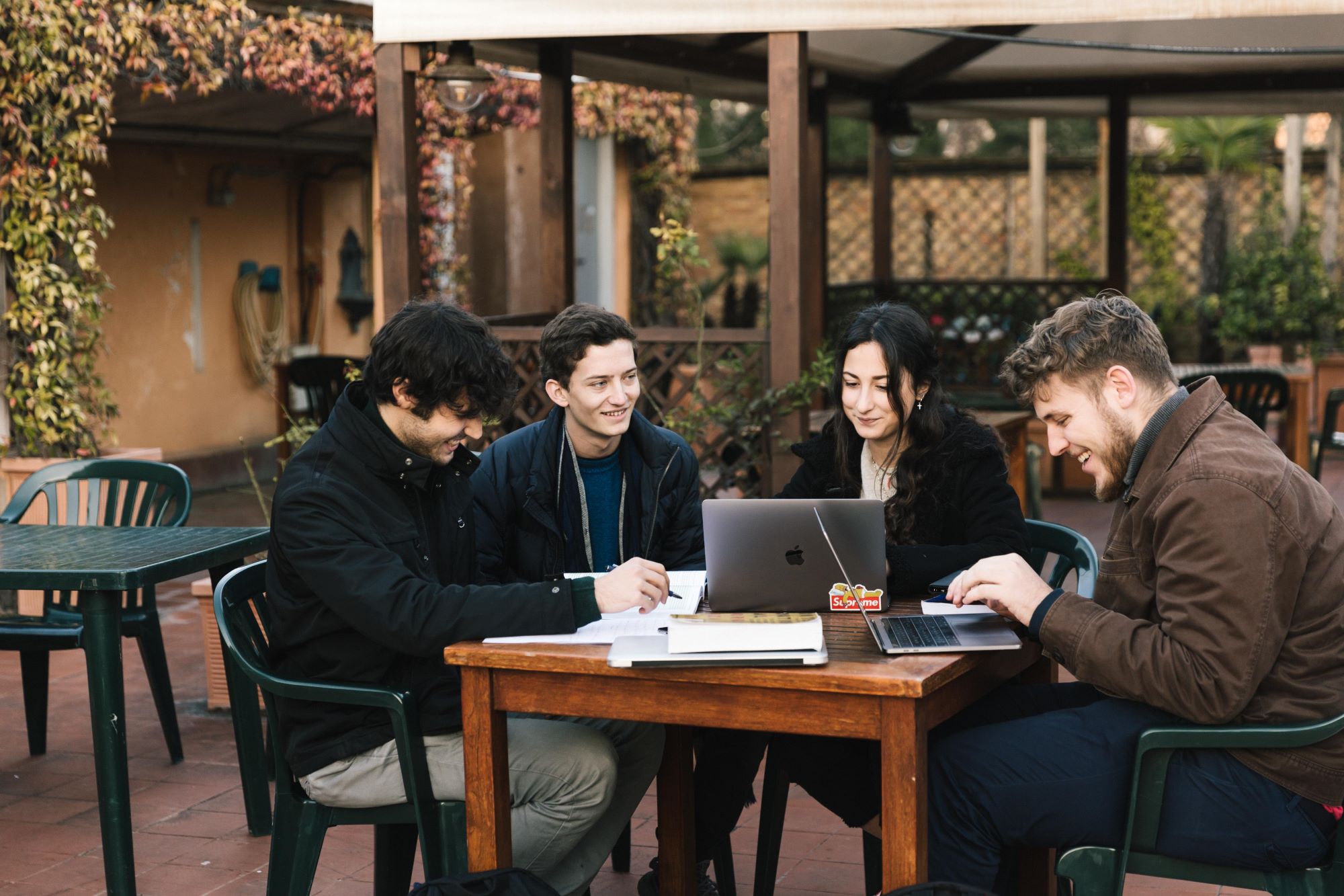 Four students studying on Secchia Terrace