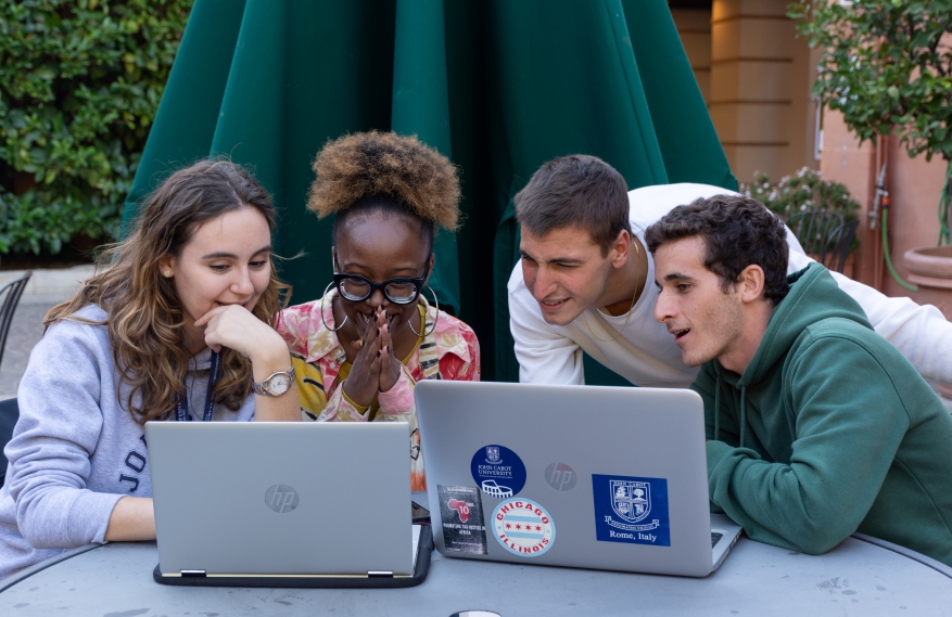 Communications students in the courtyard