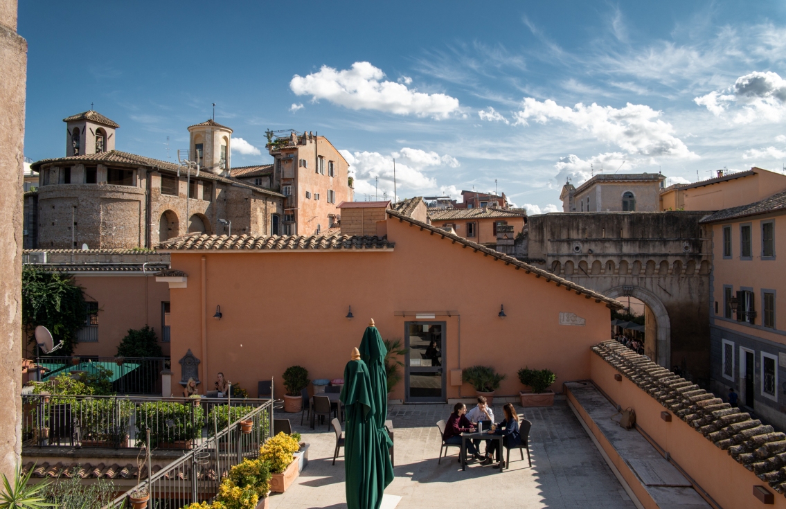 Students studying on the campus terrace