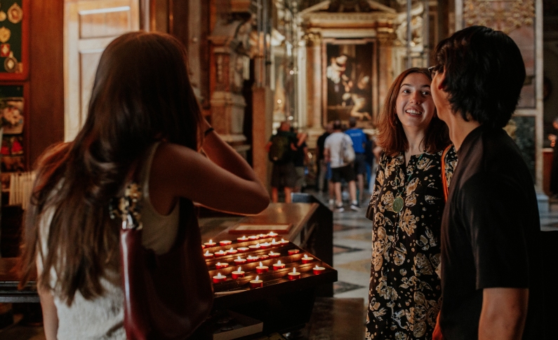 Students admiring art in a church
