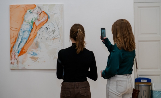 Students looking at art