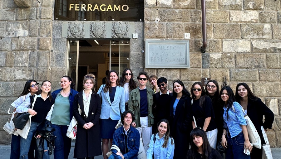 Students in front of the Ferragamo headquarters in Florence