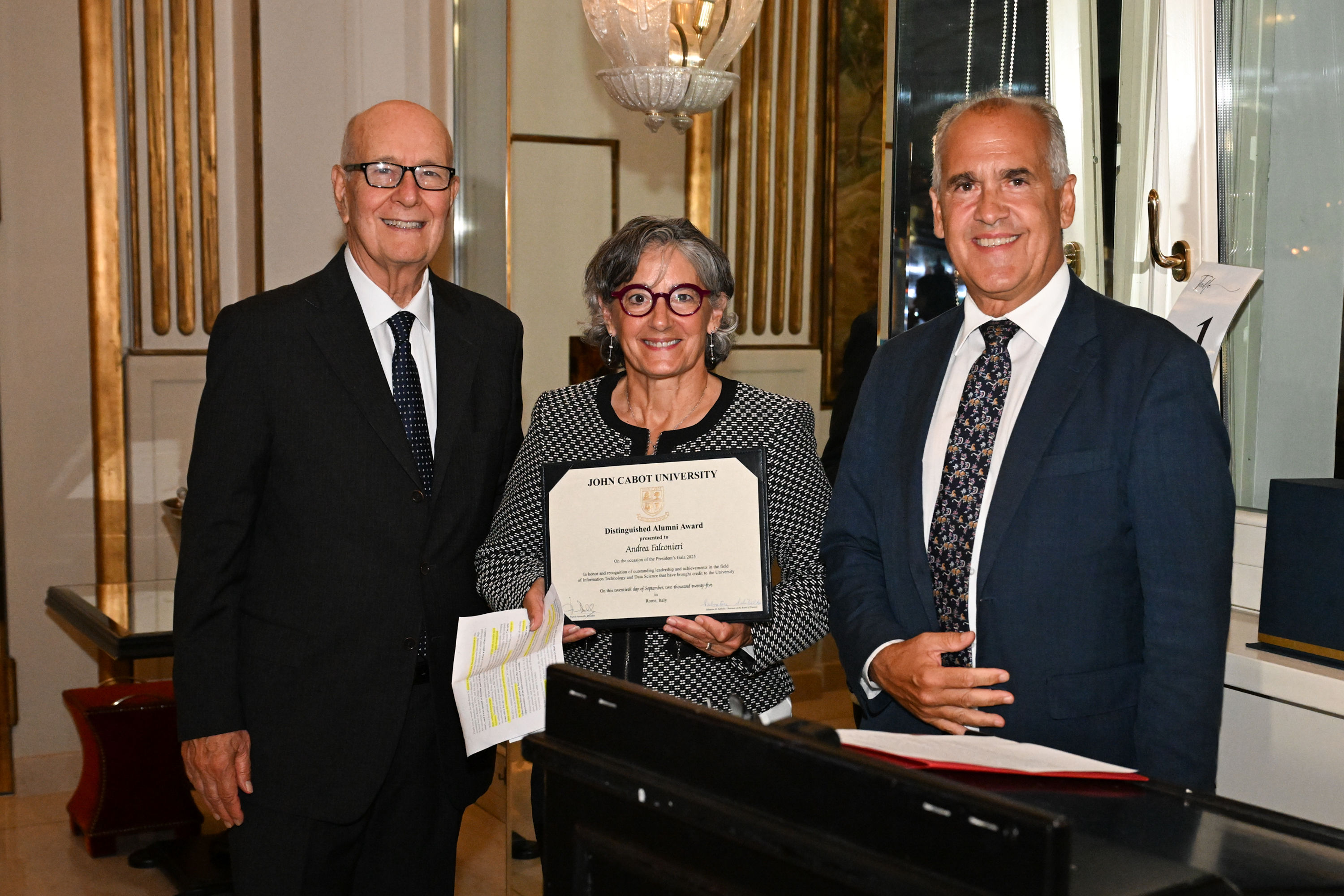 President Franco Pavoncello with Distinguished Alumni Award recipient Andrea Falconieri ’76 and Alumni Association President & JCU Trustee Francesco Ruspoli ’94.