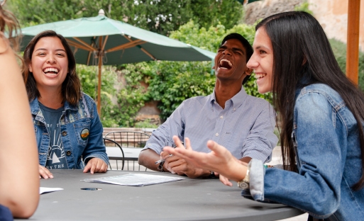 Students laughing in the courtyard